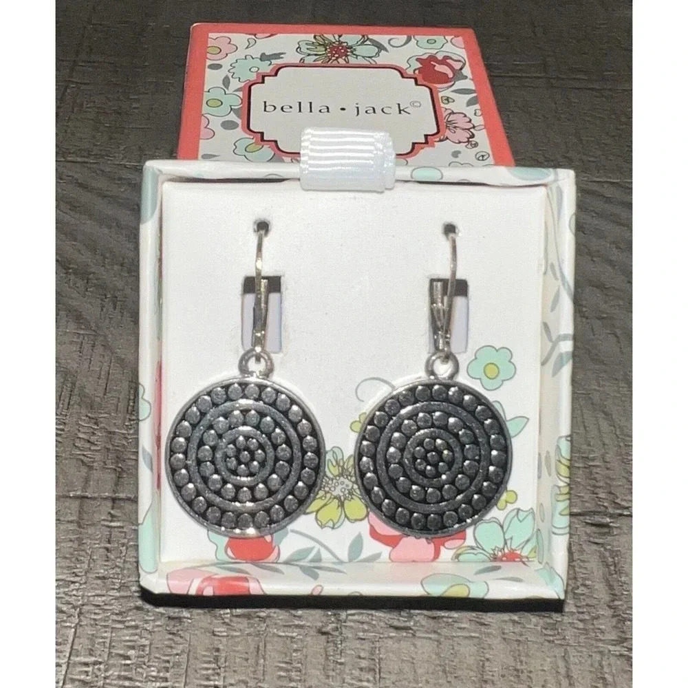 Bella Jack Dangle Circle Design Embossed Earrings Silver Tone NEW